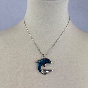 Silver Tone Dolphin Pendant Necklace Blue Abalone Inlay